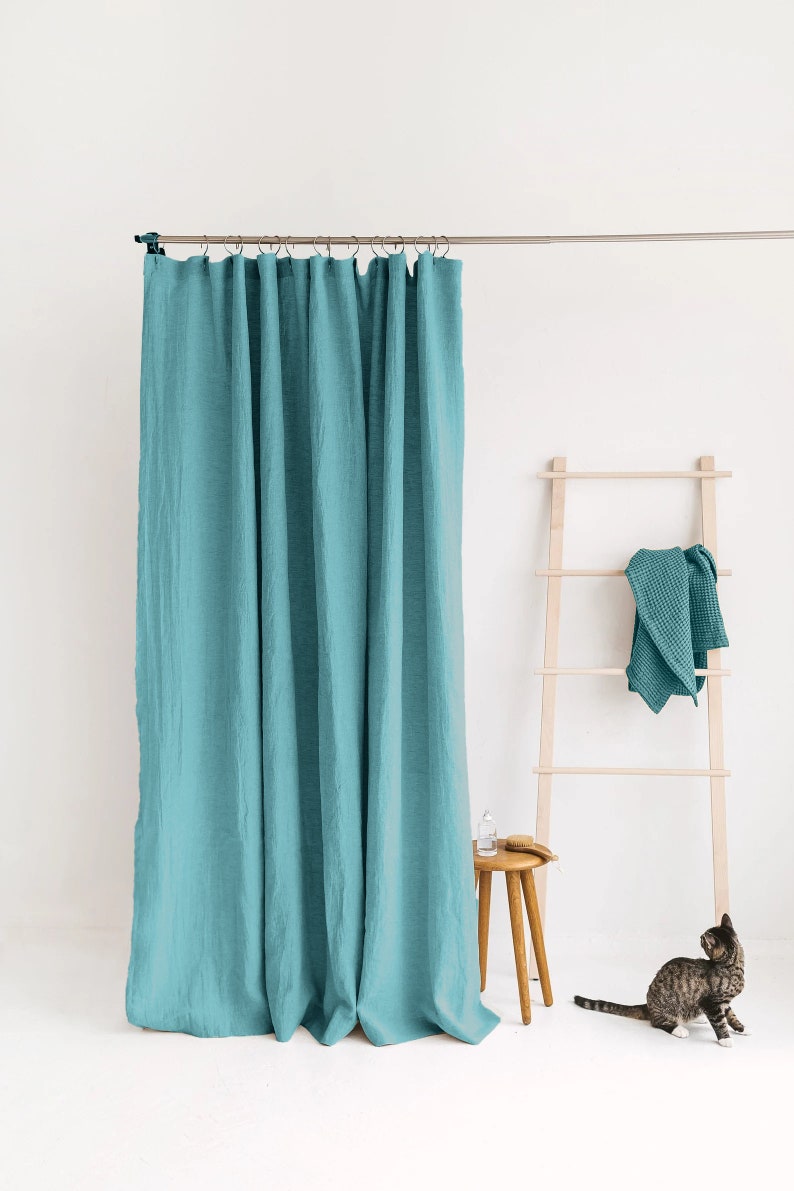 100% organic linen gots certified shower curtain chemical free looks rustic yet elegant completelyhandmade Atlantis Blue