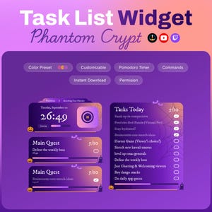 Peut inclure: Un widget de liste de tâches numérique intitulé Phantom Crypt avec un thème dégradé violet. Il comprend un minuteur Pomodoro, des suivis de tâches Main Quest et une liste Tasks Today avec des cases à cocher. Inclut des icônes et des citrouilles.