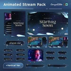 Puede incluir: Un paquete de transmisión animado con un tema de cielo nocturno azul oscuro y estrellado. Incluye pantallas superpuestas con el texto "Starting Soon", botones de "about me" y redes sociales, y una opción de versión vertical. Presenta a una persona con auriculares.