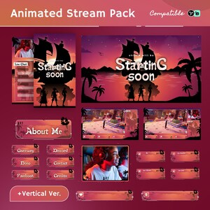 Puede incluir: Un paquete de transmisión animado con un tema de barco pirata. El diseño incluye una pantalla de "Starting Soon", una superposición de chat en vivo y varios botones como "About Me", "Giveaway" y "Discord". La combinación de colores presenta tonos de puesta de sol.