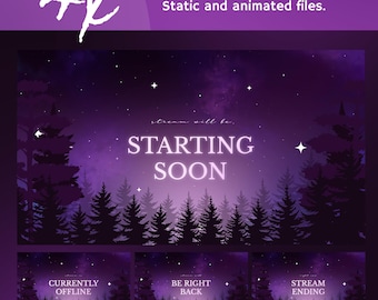 Animated Twilight Aurora Stream Screens: Cozy Purple Night Forest for Twitch and OBS/Streamlabs