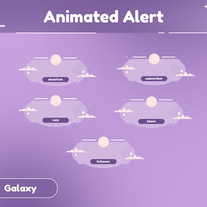 Moon Cloud Animated Alert Package - Galaxy/Twitch Set/Unique Stream/Aesthetic/Purple theme/Moonlit Cloud/Sky/Starry/Moon/Nebula/Serenity