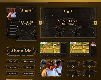 Animated Lunar Serenity Stream Overlay: Celestial Black Gold for TikTok, Streamlabs/OBS