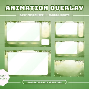 May include: Green and white animated Twitch overlay with floral vines and a green background. The overlay includes five different animated elements, including a title card, a chat box, and a donation panel. The text "ANIMATION OVERLAY" and "EASY CUSTOMIZE | FLORAL ROOTS" is displayed at the top of the overlay. The text "5 ANIMATION WITH WEBM FILES" is displayed at the bottom of the overlay.