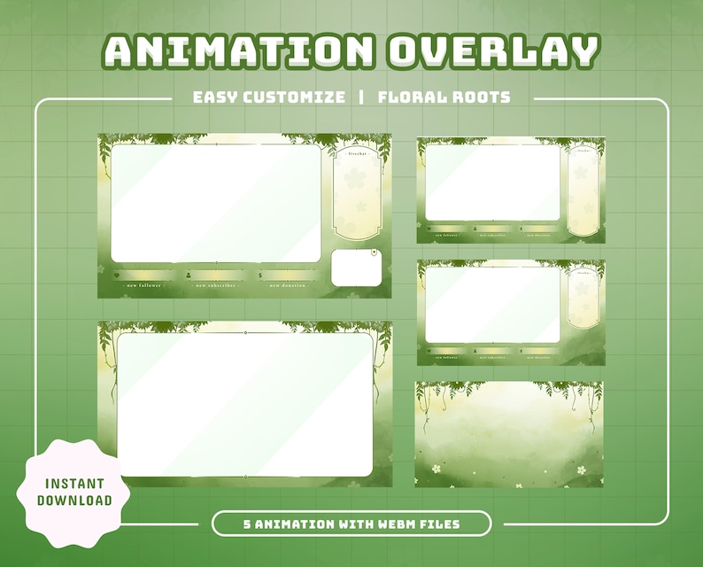 May include: Green and white animated Twitch overlay with floral vines and a green background. The overlay includes five different animated elements, including a title card, a chat box, and a donation panel. The text "ANIMATION OVERLAY" and "EASY CUSTOMIZE | FLORAL ROOTS" is displayed at the top of the overlay. The text "5 ANIMATION WITH WEBM FILES" is displayed at the bottom of the overlay.