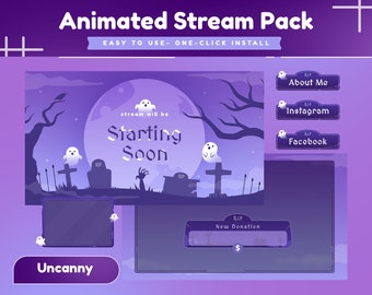 Op de afbeelding: Geanimeerd streampakket met een griezelig Halloween-thema. De hoofdafbeelding toont een begraafplaats met volle maan en geesten. Er zijn ook geanimeerde knoppen voor "Over mij", "Instagram", "Facebook" en "Nieuwe donatie". De tekst "stream will be Starting Soon" wordt weergegeven op de hoofdafbeelding.