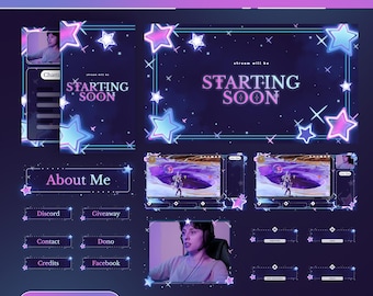 Puede incluir: Un paquete de transmisión animado con un tema azul oscuro y púrpura, con estrellas y acentos de neón. Incluye pantallas "Starting Soon", botones "About Me" y de redes sociales, y una opción de versión vertical. El texto "Animated Stream Pack" está en la parte superior.