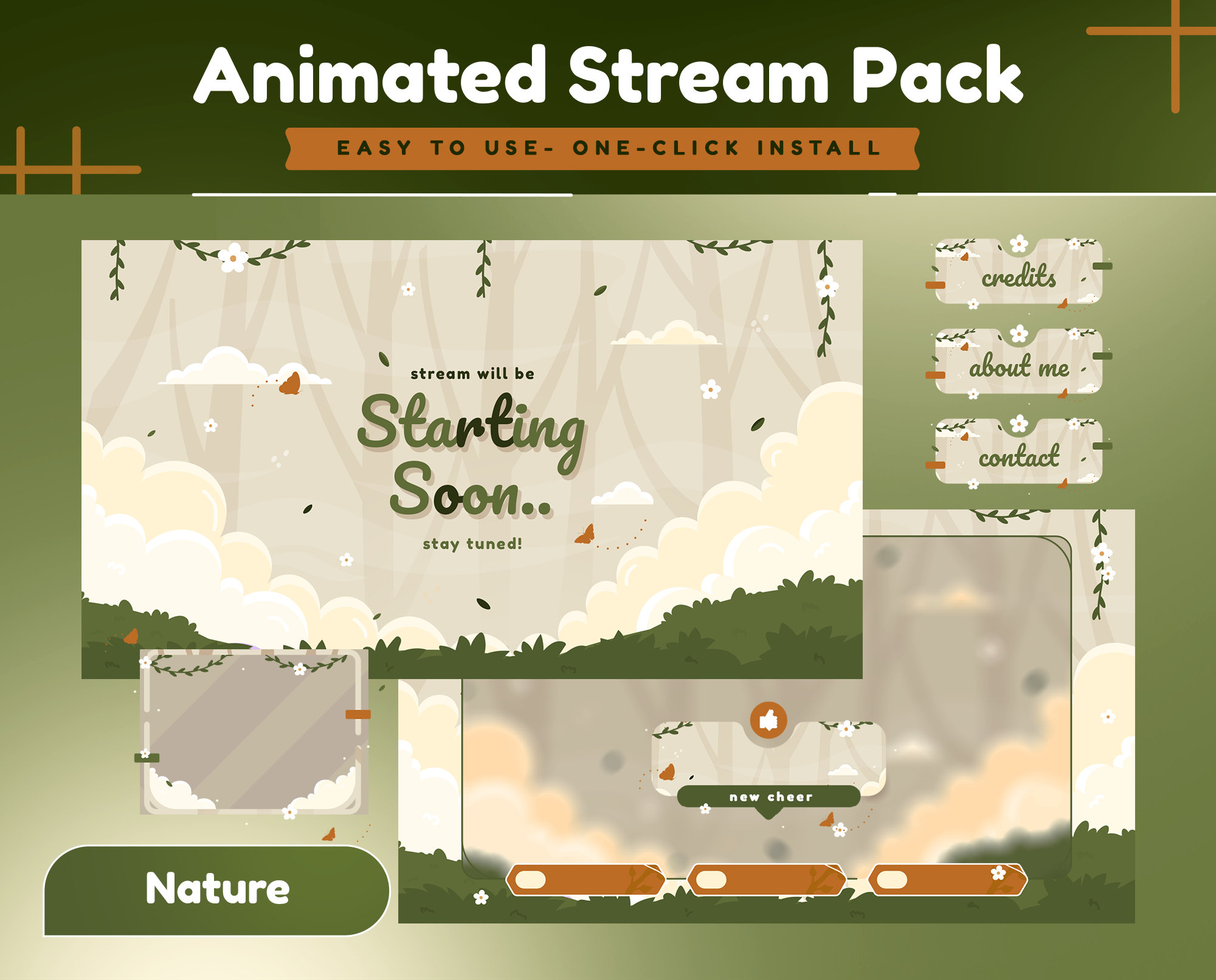 Woodland Animated Stream Package/Green Theme/Twitch Set/Panels/Green Calm/Aesthetic/Cute Stream/Floral Transition/Forest/Butterfly/Sky/Cloud