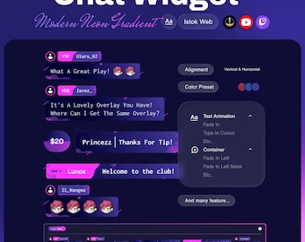 Stream Chat Widget | Modern Neon Gradient | Twitch YouTube Kick | Animated Alerts & Role Colors | StreamElements OBS