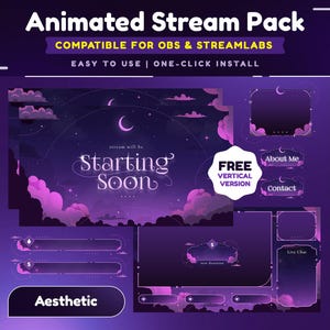 Animerat streampaket för Twitch, Kick, Youtube/Estetisk himmel/Violettmoln/Overlay-set/Varningar/Paneler/Övergång/Lila natt/Molndesign