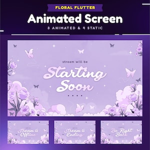 Op de afbeelding: Paarse en witte geanimeerde Twitch-streamschermen met bloemen- en vlinderontwerpen. De schermen tonen de tekst "stream will be Starting Soon", "Stream is Offline", "Stream is Ending" en "Be Right Back".