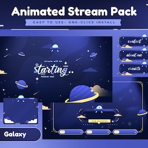 Puede incluir: Paquete de transmisión animado con tema de galaxia. El diseño presenta planetas, estrellas y nubes en una combinación de colores azul oscuro. Incluye superposiciones animadas con el texto "stream will be starting.. follow me!" y botones.
