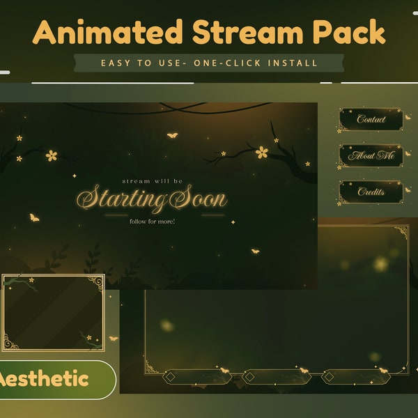 Waldflüstern animiertes Stream Paket/Übergang/Stream Overlay/Einfach/Ästhetische Twitch/Wald/Grüne Farbe/Blumen Design/Florales Thema