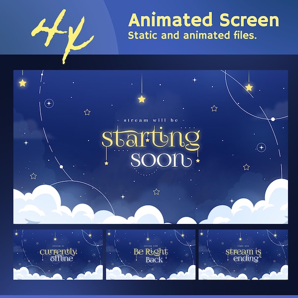 Animated Starcloud Denim Stream Screens: Dreamy Blue Night Theme for Twitch and OBS/Streamlabs