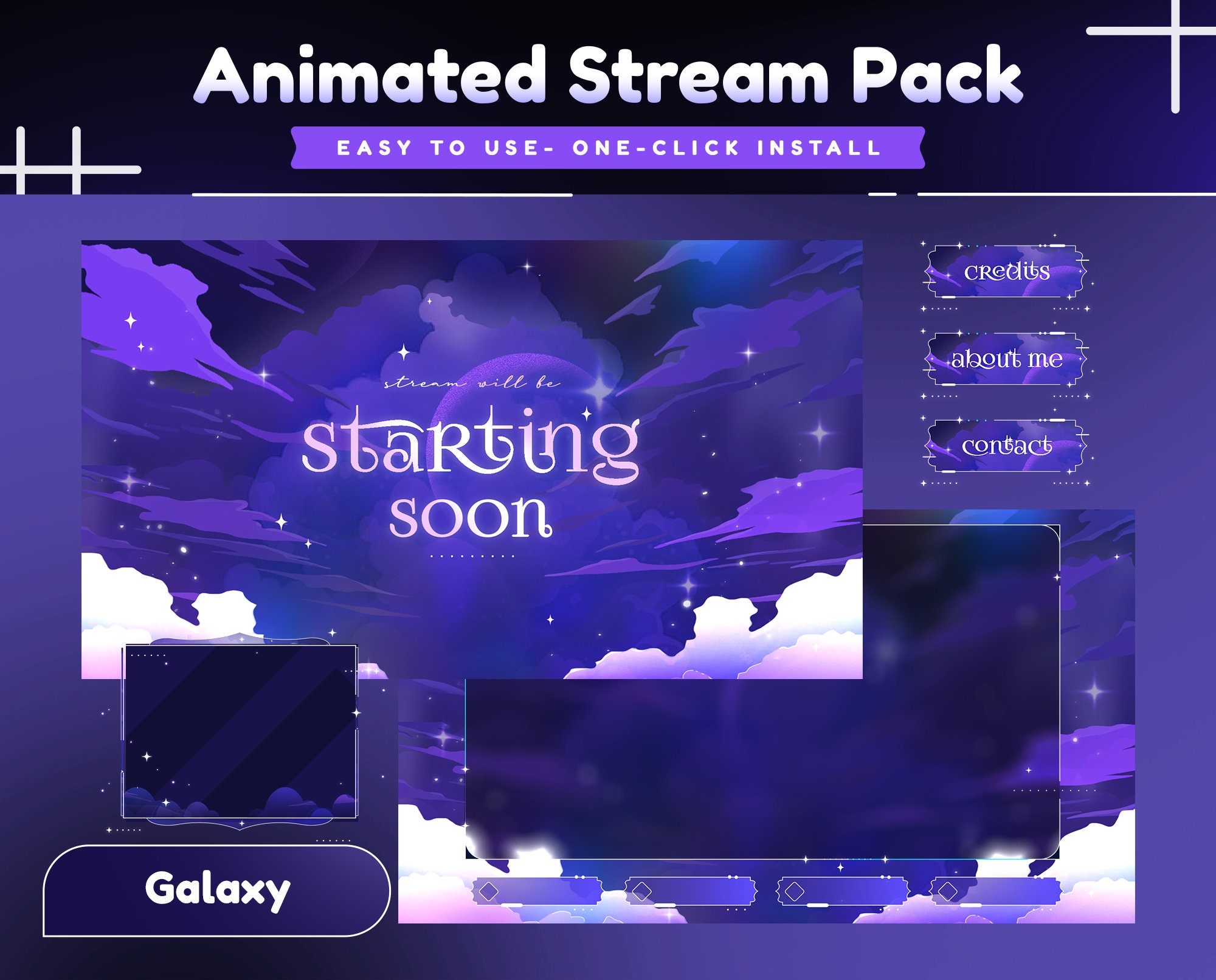 Cloudy Lavender Animated Stream Pack for Twitch, Kick, Youtube/Purple/Galaxy/Overlay Set/Stream Alerts/Panels/Dark Calm Color/Abstract Cloud
