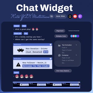 May include: A dark blue graphic with the text "Chat Widget" and "Retro Y2K Multistream." The image shows examples of chat notifications, including donation and follower alerts, with options for text animation and color customization.