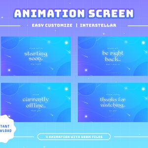 Pode incluir: Quatro telas de animação com tema espacial. As telas apresentam um fundo degradê azul e roxo com estrelas e planetas brancos. O texto nas telas diz: "O stream começará em breve...", "O stream voltará em breve...", "O stream está atualmente offline...", e "O stream está terminando obrigado por assistir..."