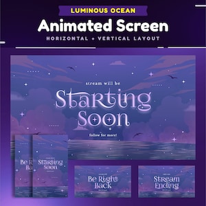 Luminous Ocean Animated Stream Screeen Package for Twitch/Soft Purples and Blues Twitch Screean/Vertical Screen for TikTok/Starting Soon