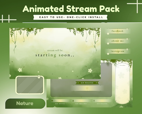 Floral Roots Animated Stream Package/Green White Theme/Twitch Set/Panels/Green/Calm Theme/Aesthetic/Cute Stream/Floral Transition/Nature