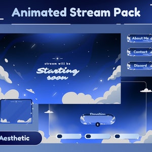 Sky Sight Animated Stream Package/Dark Blue Theme/Twitch Set/Panels/Calm Theme/Dark Theme/Unique Stream/Aesthetic Black/Transition