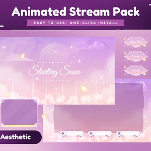 Pacote de transmissão animada celestial para Twitch, Youtube/Sobreposição de transmissão/Tema estético/Tema do céu/Fofo/Kawaii/Design simples/Transição/Roxo