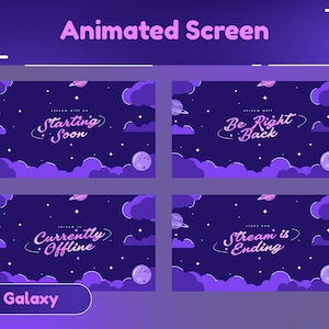 Airy Space Animated Screen Package/Stream Overlay/Transition/Panel/Animation/Purple Color/Galaxy Theme/Aesthetic/Cloud Design/Planet Design