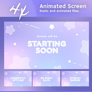 以下が含まれることがあります： 紫と青のグラデーション背景のアニメーションスクリーンデザイン。「STARTING SOON」のテキストが目立ち、「CURRENTLY OFFLINE」、「BE RIGHT BACK」、「STREAM ENDING」を示す追加テキストがあります。デザインには星の形と点線が含まれています。