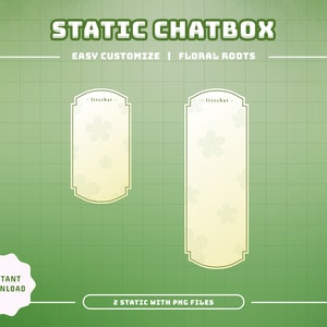 May include: Two static chatbox frames with a floral pattern and a light yellow background. The frames are labeled "livechat" and are ready for customization.  The text "EASY CUSTOMIZE | FLORAL ROOTS" is at the top of the image.  The text "INSTANT DOWNLOAD" is in a white circle at the bottom left of the image. The text "2 STATIC WITH PNG FILES" is at the bottom center of the image.