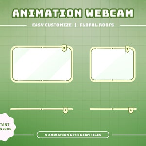 May include: Four animated webcam frames with a green grid background. The frames are yellow with a white border and a green star in the top right corner. The text "ANIMATION WEBCAM" is at the top of the image in a pixelated font. The text "EASY CUSTOMIZE | FLORAL ROOTS" is below the title. The text "INSTANT DOWNLOAD" is in a white circle with a yellow border in the bottom left corner. The text "4 ANIMATION WITH WEBM FILES" is in a white rectangle with a yellow border in the bottom center of the image.