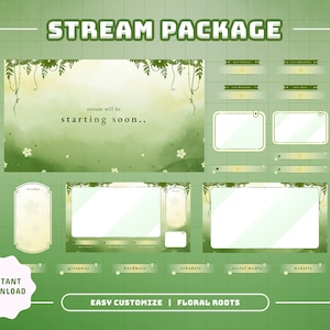May include: A green and yellow digital stream overlay package with a floral theme. The package includes a starting soon screen, a chat box, a giveaway panel, a hardware panel, a schedule panel, a social media panel, and a website panel. The text "STREAM PACKAGE" is at the top of the image. The text "EASY CUSTOMIZE | FLORAL ROOTS" is at the bottom of the image.