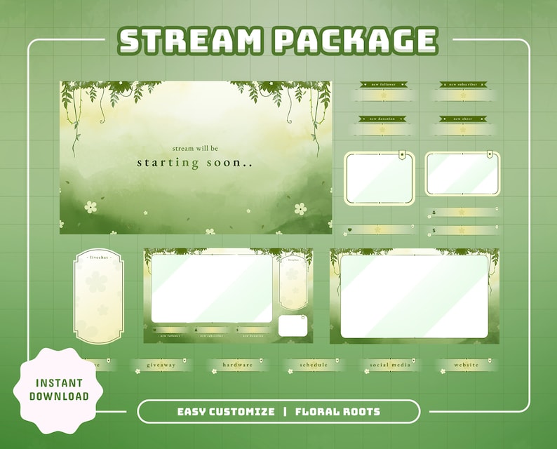 May include: A green and yellow digital stream overlay package with a floral theme. The package includes a starting soon screen, a chat box, a giveaway panel, a hardware panel, a schedule panel, a social media panel, and a website panel. The text "STREAM PACKAGE" is at the top of the image. The text "EASY CUSTOMIZE | FLORAL ROOTS" is at the bottom of the image.