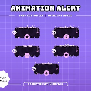 May include: Five animated Twitch alerts in a purple and black color scheme with a spooky theme. The alerts are for new subscribers, donations, raids, followers, and cheers. The text "ANIMATION ALERT" is at the top of the image. The text "EASY CUSTOMIZE | TWILIGHT SPELL" is below the title. The text "INSTANT DONWLOAD" is in a white circle at the bottom left of the image. The text "5 ANIMATION WITH WEBM FILES" is in a white rectangle at the bottom right of the image.