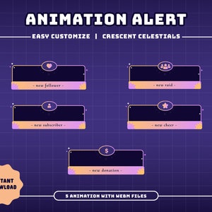 Pacote de alerta animado Crescent Celestials/Sobreposição de fluxo/Roxo/Laranja/Animação/Painéis/Transição/Tema celestial/Tema galáxia/Místico