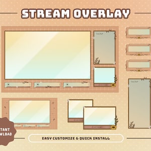 May include: A set of customizable stream overlays with a light brown background and a grid pattern. The overlays feature a light brown frame with a sunflower and leaves design. The text "STREAM OVERLAY" is at the top of the image. The text "INSTANT DOWNLOAD" and "EASY CUSTOMIZE & QUICK INSTALL" are at the bottom of the image.
