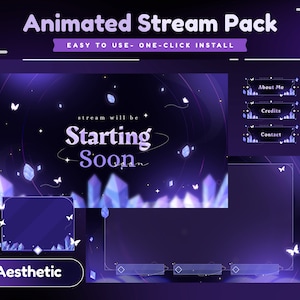 Könnte beinhalten: Animiertes Stream-Paket mit einem violetten und blauen Ästhetik. Das Paket enthält einen Startbildschirm, eine Chatbox und drei Panels für Über mich, Credits und Kontakt. Der Text "stream will be starting soon" wird auf dem Startbildschirm angezeigt.