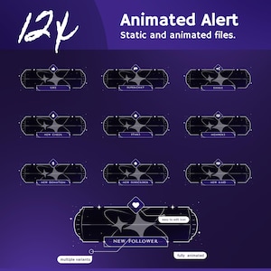 Puede incluir: Gráfico digital con fondo morado oscuro que presenta diseños de alertas animadas. Los diseños incluyen etiquetas de texto como "LIKE", "SUPER CHAT" y "NEW FOLLOWER". También es visible el texto "Animated Alert" y "Static and animated files".