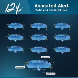 May include: Animated alert graphics with a blue and white design. The image features multiple animated alert options, including "like", "superchat", "share", "new cheer", "stars", "members", "new donation", "new subscriber", "new raid", and "new follower".