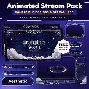 Op de afbeelding: Geanimeerd streampakket voor OBS en Streamlabs met een sterrenhemel achtergrond. Het pakket bevat een start-scherm, een chatbox, een donatiemelding en andere elementen. De tekst "Aesthetic" wordt onderaan de afbeelding weergegeven.