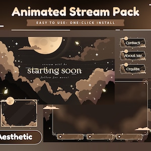 Puede incluir: Paquete de transmisión animado con un fondo marrón oscuro, una luna grande y nubes. El texto "stream will be starting soon follow for more!" está en el centro de la imagen. El texto "Aesthetic" está en la esquina inferior izquierda de la imagen. La imagen también incluye botones para "Contact", "About Me" y "Credits".