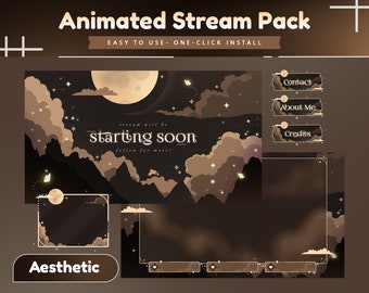 May include: Animated stream pack with a dark brown background, a large moon, and clouds. The text "stream will be starting soon follow for more!" is in the center of the image. The text "Aesthetic" is in the lower left corner of the image. The image also includes buttons for "Contact", "About Me", and "Credits".