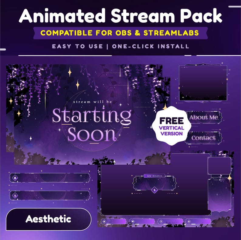 May include: Animated stream pack for OBS and Streamlabs with a purple and gold aesthetic. The pack includes a starting soon screen, a chat box, a donation panel, and more. The text "stream will be starting soon" is displayed on the main screen.