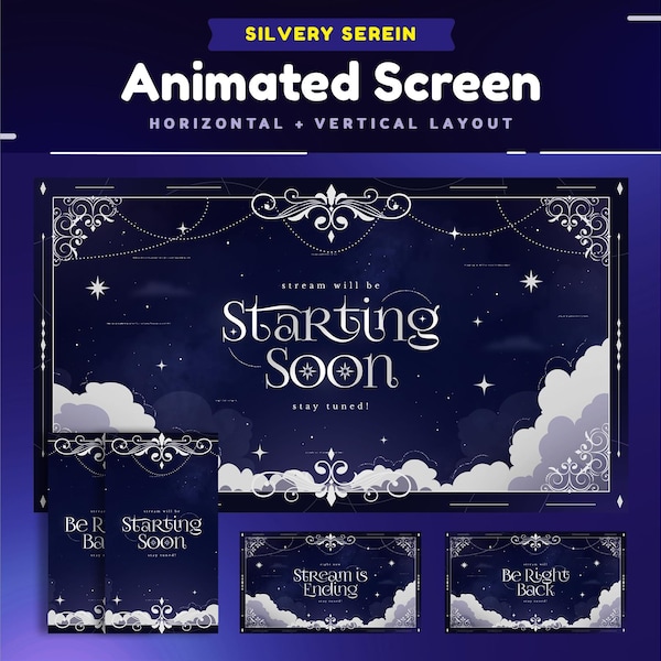 Silvery Serein Animated Stream Screen Package for Twitch/Simple Elegant Stream Overlay Screen/Starting Soon Stream/Vertical Version Stream
