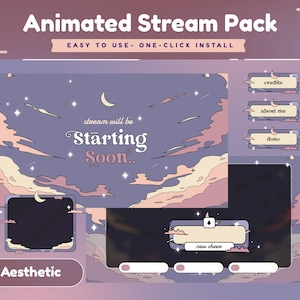 Sobreposição de transmissão animada Cloud Scape para Twitch, YouTube/Tema estético/Transição/Painéis/Feminino/Tema fofo/Relaxante/Lo-Fi/Skyline/Galáxia/Espaço