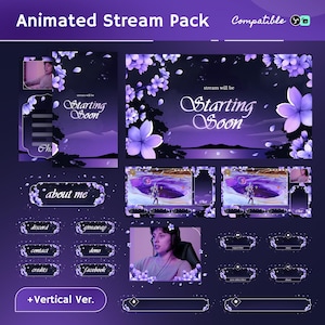 Puede incluir: Un paquete de stream animado con un tema floral púrpura. Incluye pantallas superpuestas con los textos "Starting Soon", "About Me" e iconos de redes sociales. El diseño ofrece una versión vertical y es compatible con plataformas de streaming.