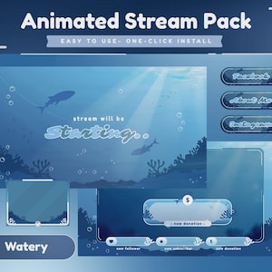 May include: An animated stream pack with a watery theme. The design features an underwater scene with sharks, bubbles, and coral. Includes animated overlays and buttons for Facebook, About Me, and Instagram. The text "Stream will be Starting" is visible.