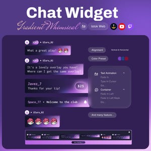 May include: A digital chat widget interface featuring a purple gradient theme. The display shows sample chat messages, user names like Uluru_02 and Javez_7, and a settings menu with options for text animation, container effects, alignment, and colour presets.