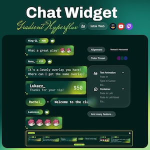 Op de afbeelding: Een digitale chatwidget genaamd Gradient Hyperflux met een donkergroene gradiëntachtergrond. Het display toont voorbeeldchatberichten met gebruikersnamen, iconen en tekst, naast instellingenmenu's voor tekstanimatie, containereffecten en kleurvoorinstellingen.