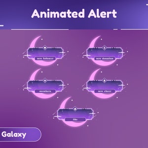 Violet Horizon Animated Stream Alerts/Simple/Galaxy Theme/Transition/Stream Overlay/Panels/Purple Color/White/Cloud Design/Moon Design/Cute