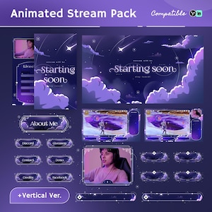 Pack de flux animés Starfall Nimbus pour Twitch, Kick, Youtube/Superposition/Alerte/Panneau/Couleur violette/Thème de la galaxie/Design cloud/Transition