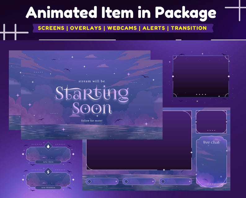 Stream Follow Luminous Ocean Animated Stream Overlay Package for Twitch/soft Purples ...